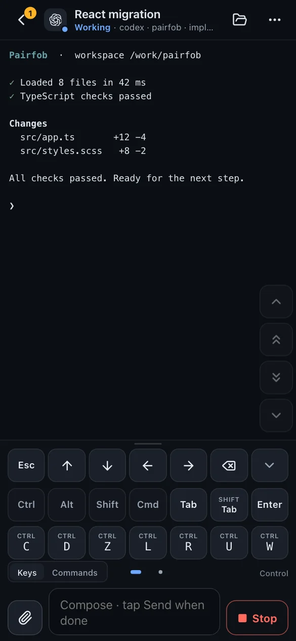 Session screen with the full key pad open