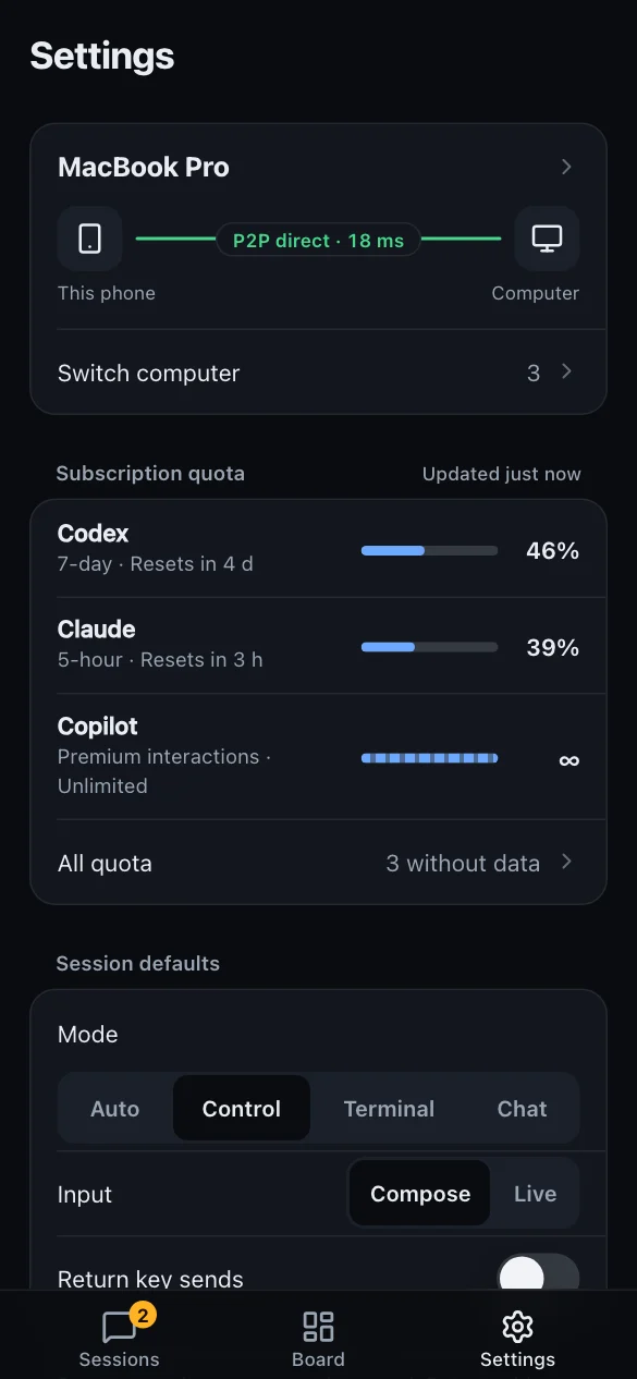 Settings with a quota ring for each plan