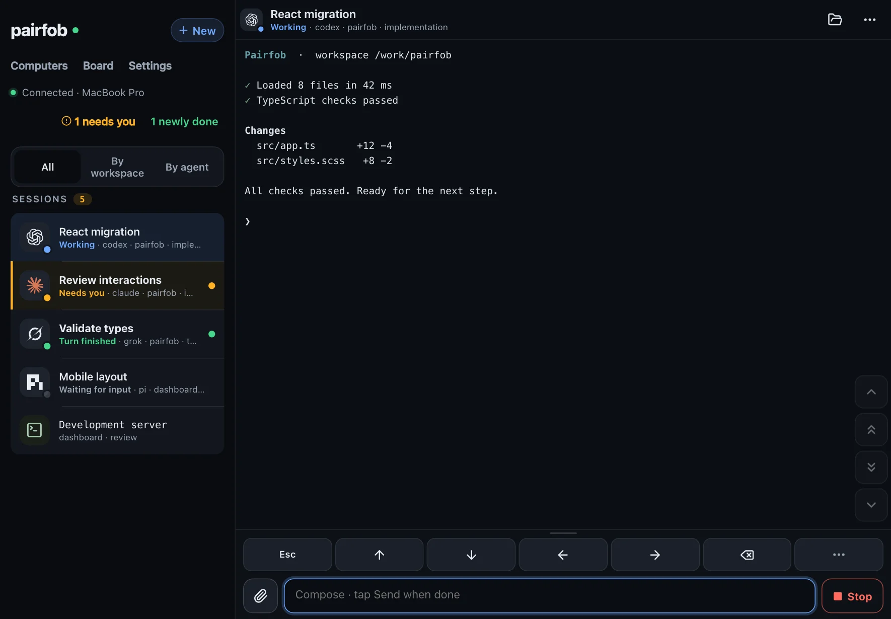Pairfob on a tablet in landscape: the session list beside the terminal