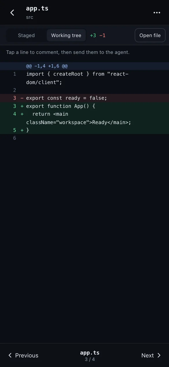 Diff of an uncommitted change in src/app.ts